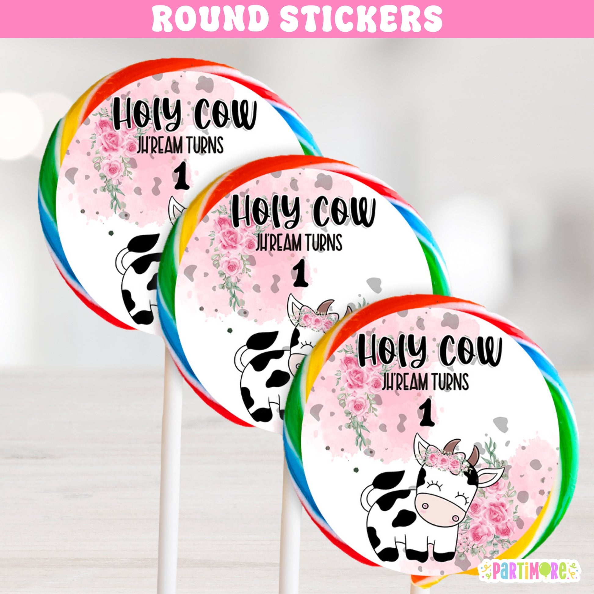 Personalized Holy Cow round stickers for lollipops party bags or crafts, girl's first birthday pink floral cow print farm party favors, custom name and age