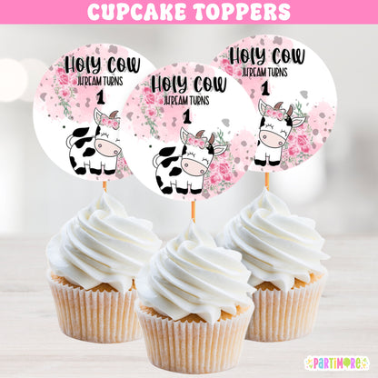 Holy Cow cupcake toppers for girl's first birthday, pink floral cow print farm animal party decorations, personalized name and age