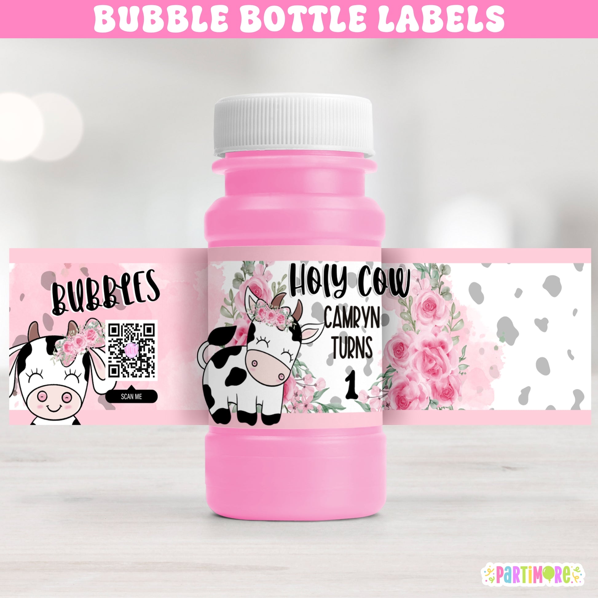 Holy Cow bubble bottle labels for girl's farm birthday party, pink cow print and floral design, personalized with name and age