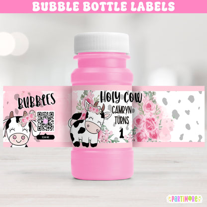 Holy Cow bubble bottle labels for girl's farm birthday party, pink cow print and floral design, personalized with name and age