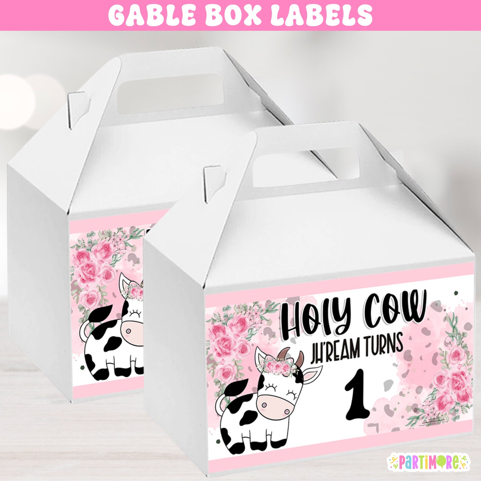 Party favor bags with cow design and text on a pink background