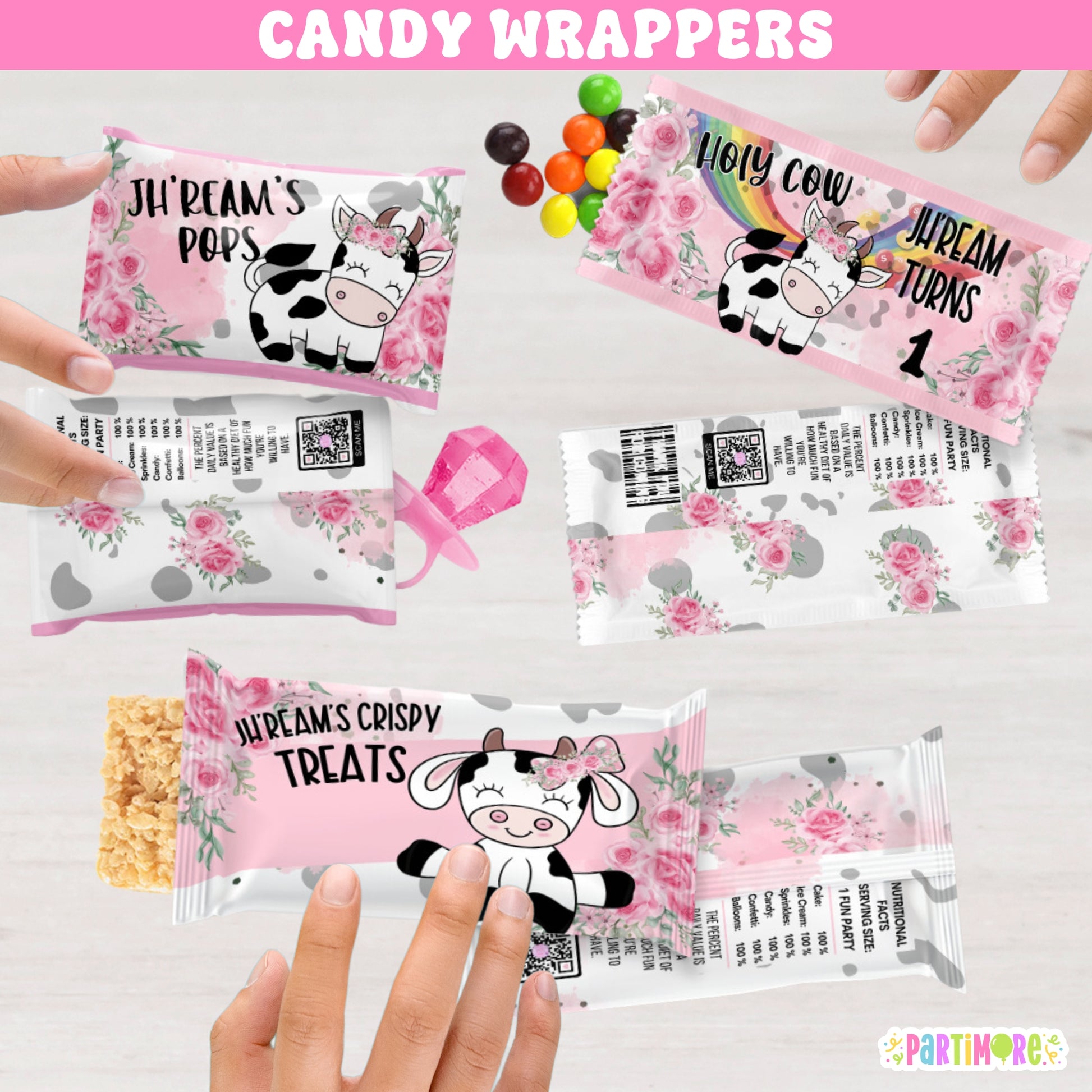 Personalized Holy Cow candy bar wrappers for girl's first birthday, pink floral cow print farm party favor labels for small treats, custom name and age