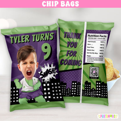 Personalized Green Superhero Chip Bags | Custom Kids Comic Birthday Themed Snack Bag Party Favors
