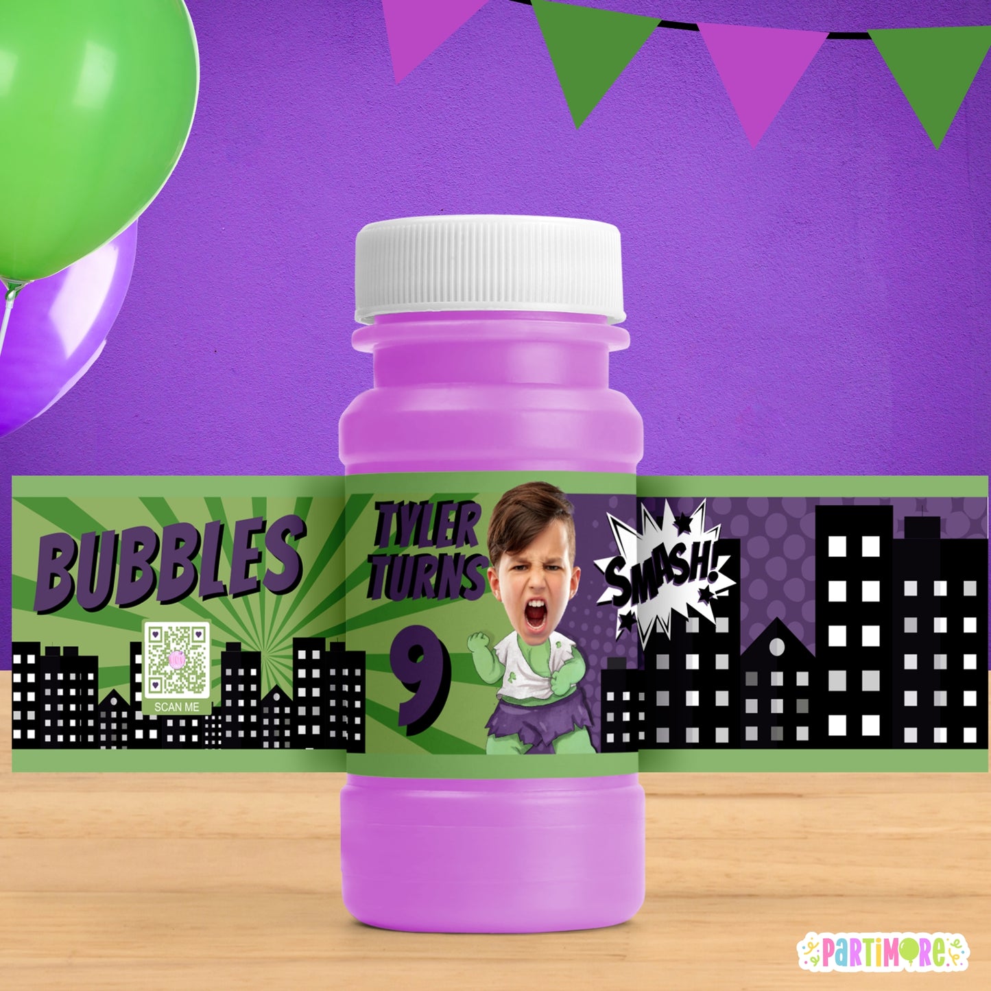 Personalized Green Smash Superhero Bubble Bottle Labels | Comic Party Stickers