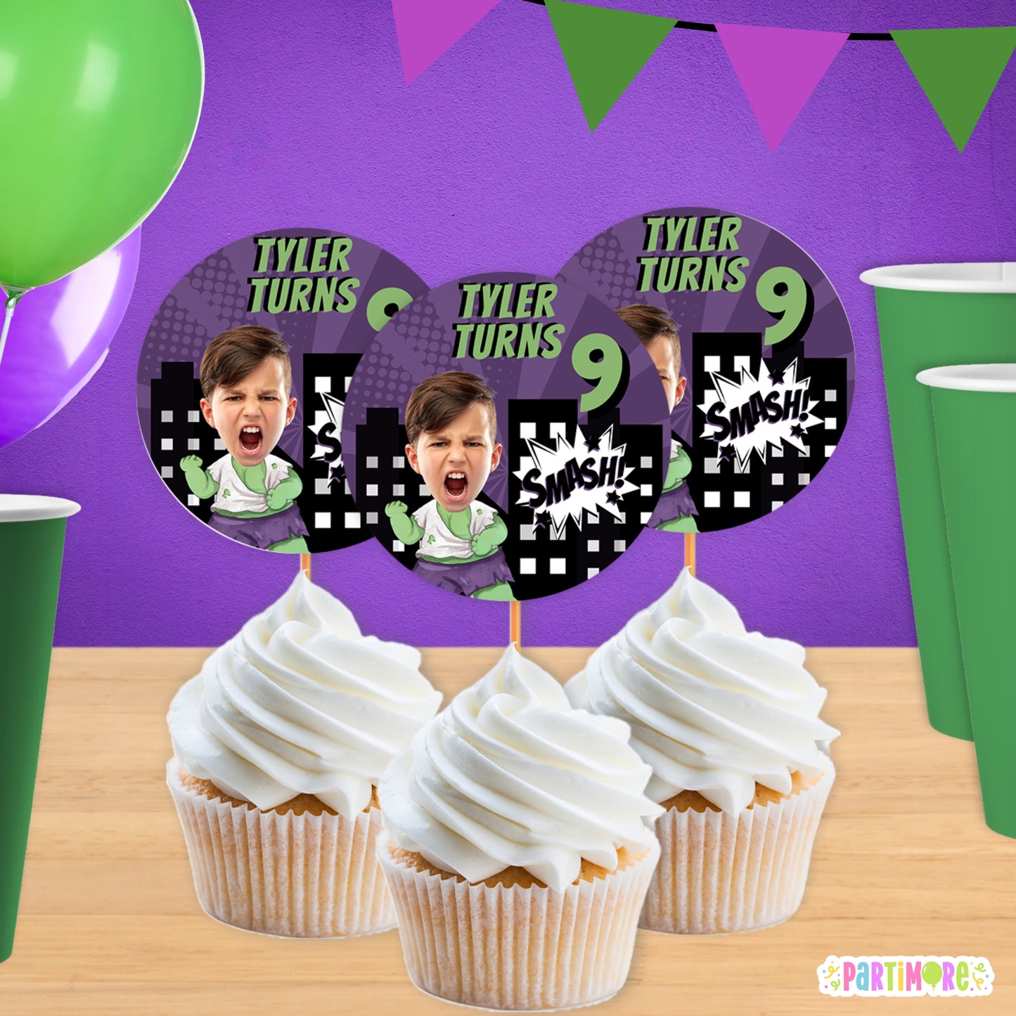 Green Superhero Cupcake Toppers | Personalized Comic Party Decorations