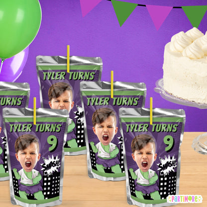 Custom Green Smasher Superhero Juice Pouch Labels | Personalized Kids Comic Birthday Party Favors and Decorations