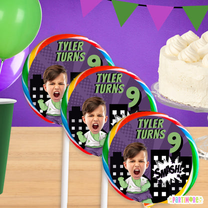 Personalized Green Smash Superhero Lollipop Round Stickers | Custom Comic Birthday Party Favor Labels