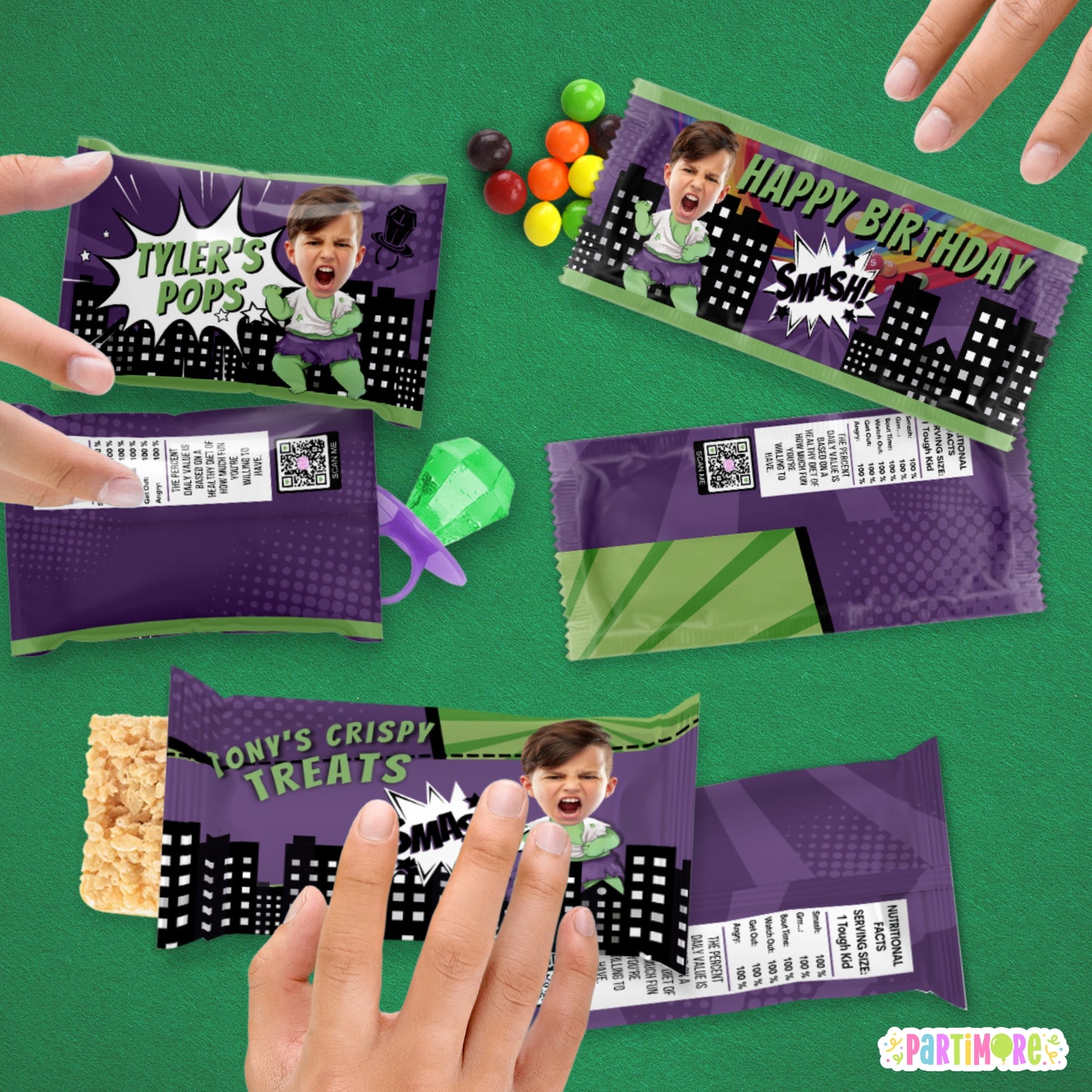 Custom Green Smash Superhero Candy Wrappers | Personalized Kids Comic Birthday Favors