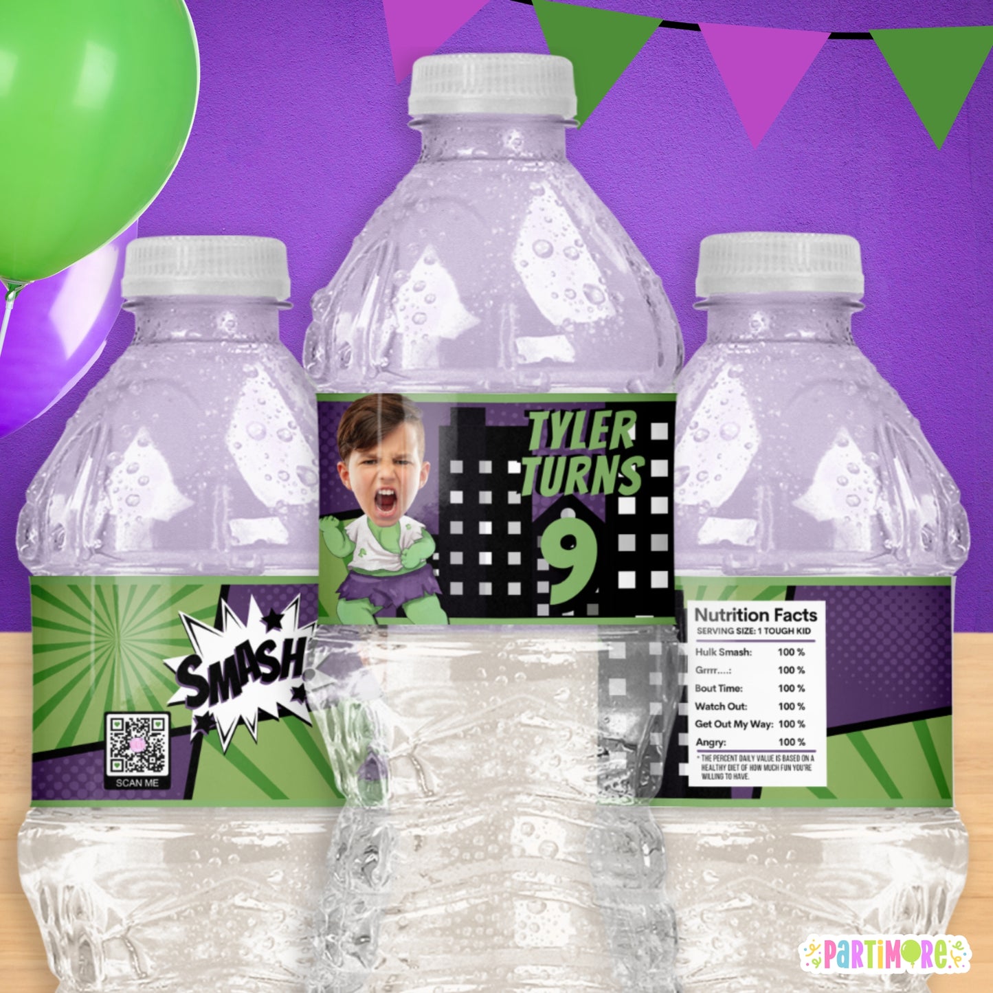 Green Smasher Superhero Water Bottle Labels | Personalized Kids Comic Themed Birthday Party Stickers