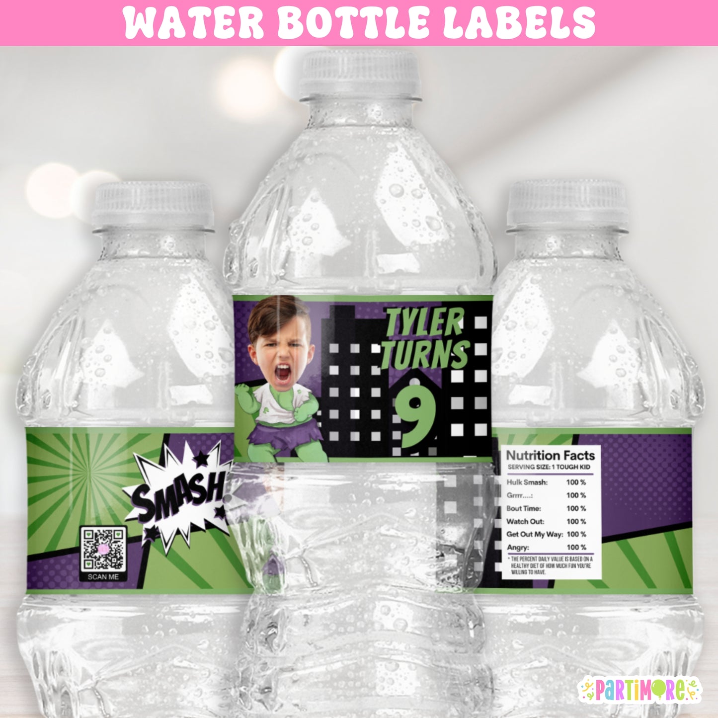 Green Smasher Superhero Water Bottle Labels | Personalized Kids Comic Themed Birthday Party Stickers