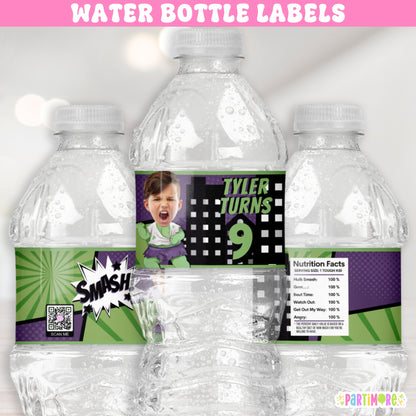 Green Smasher Superhero Water Bottle Labels | Personalized Kids Comic Themed Birthday Party Stickers