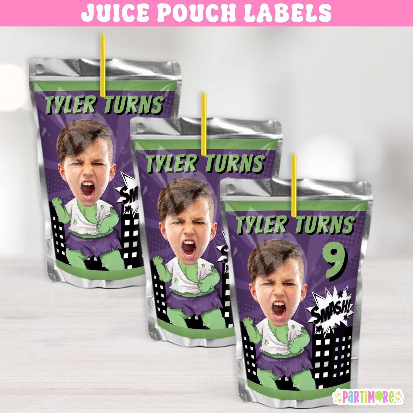 Custom Green Smasher Superhero Juice Pouch Labels | Personalized Kids Comic Birthday Party Favors and Decorations