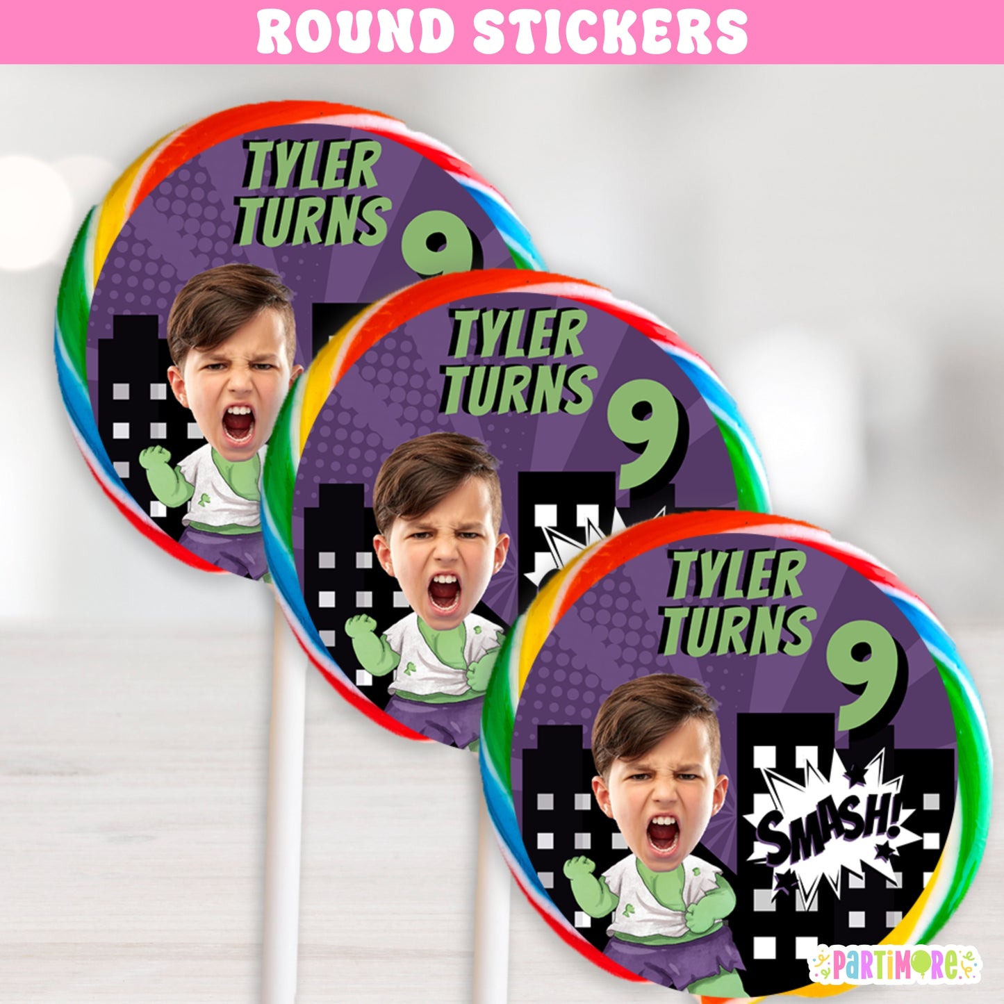 Personalized Green Smash Superhero Lollipop Round Stickers | Custom Comic Birthday Party Favor Labels