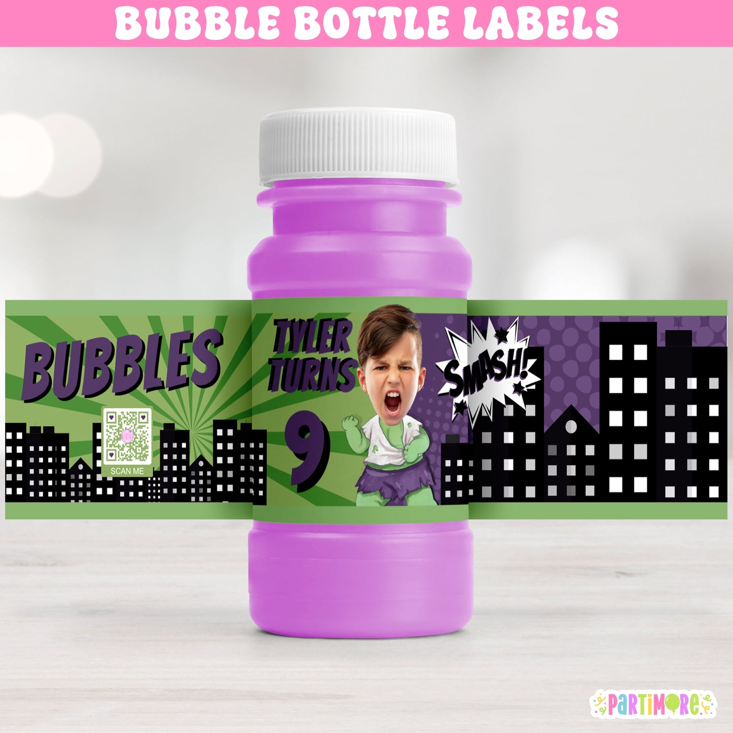 Personalized Green Smash Superhero Bubble Bottle Labels | Comic Party Stickers