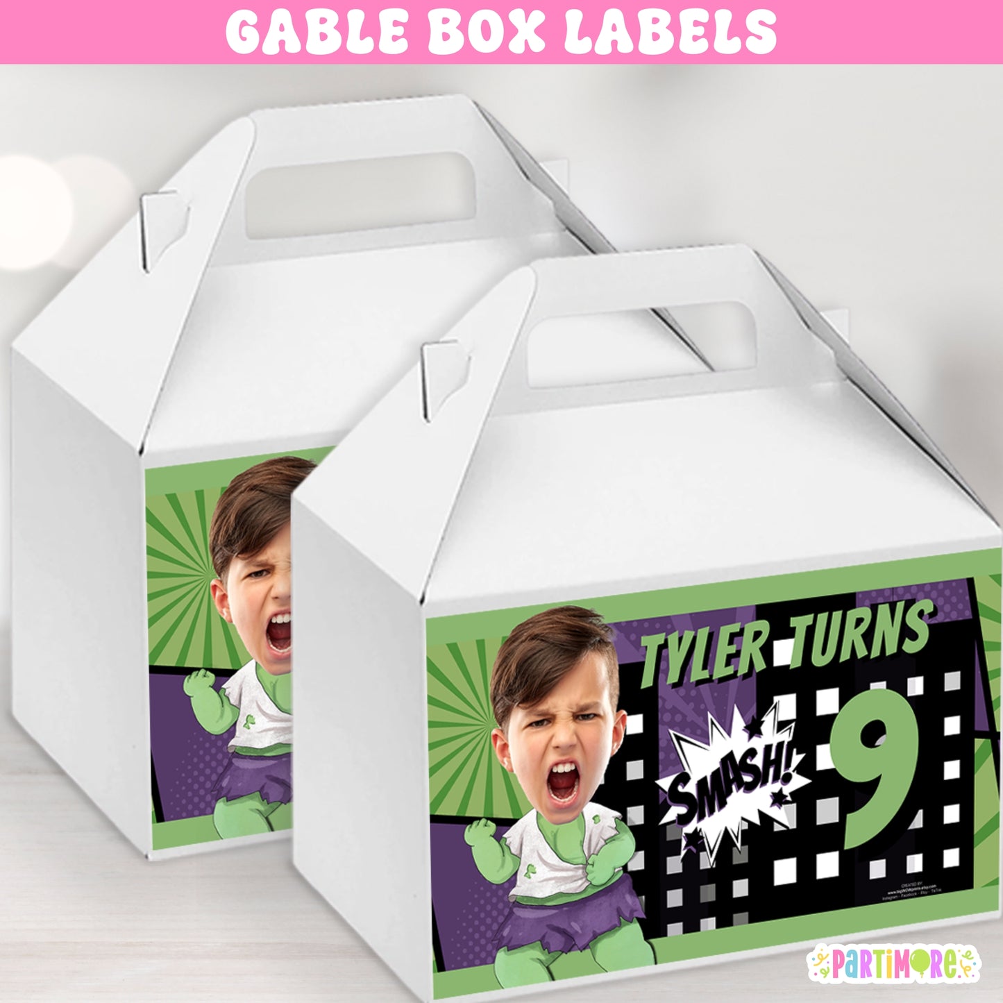 Green Superhero Gable Box Labels | Personalized Comic Favor Stickers