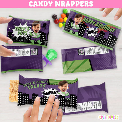 Custom Green Smash Superhero Candy Wrappers | Personalized Kids Comic Birthday Favors