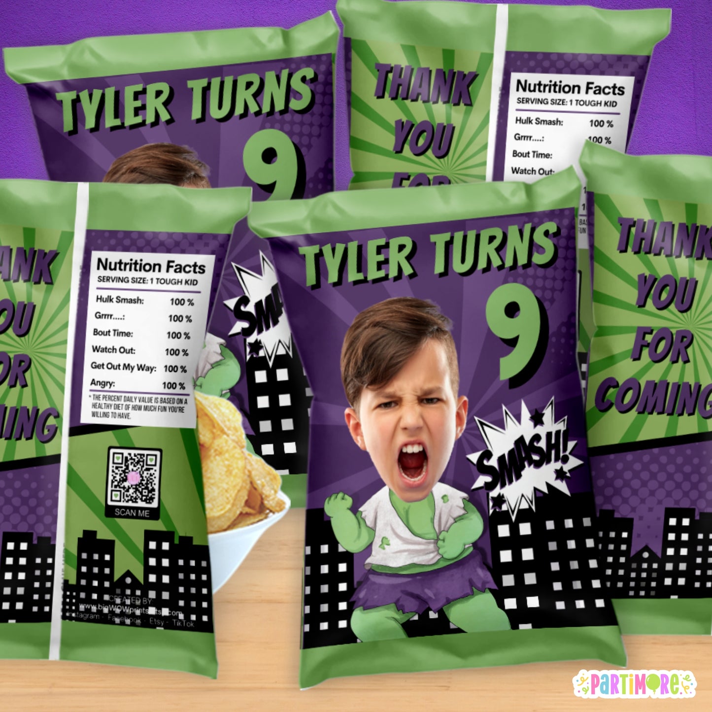 Personalized Green Superhero Chip Bags | Custom Kids Comic Birthday Themed Snack Bag Party Favors