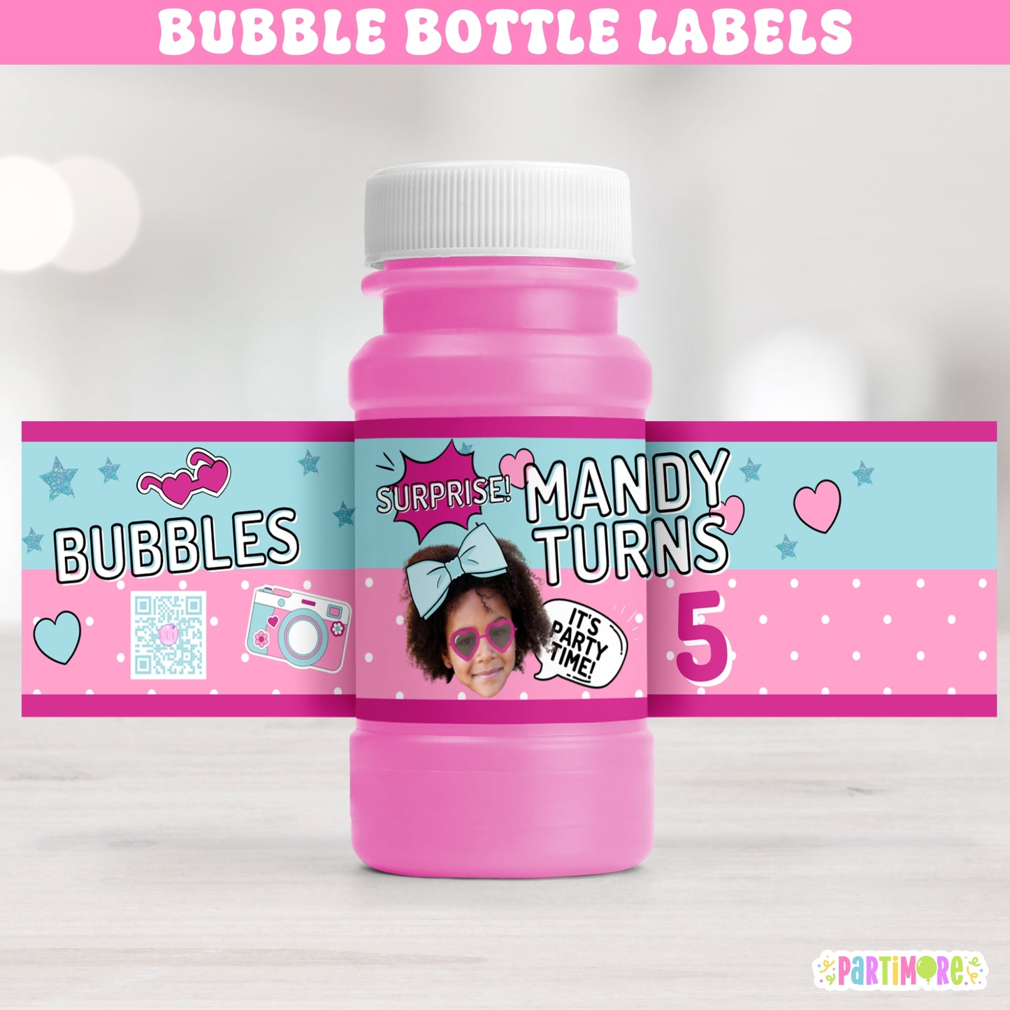 Personalized bubble bottle labels for girl's birthday, glam surprise doll style with big blue hair bow, camera illustration, and 'It’s Party Time' text