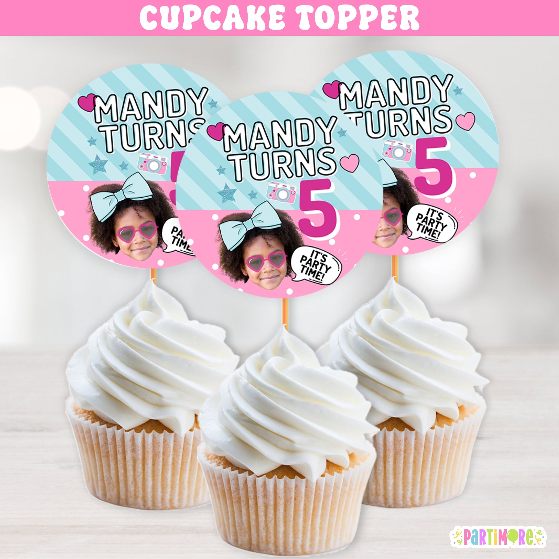 Cupcake toppers with glam surprise doll theme, big blue hair bow and camera design, 'It’s Party Time' birthday decorations personalized with name and age