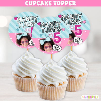 Cupcake toppers with glam surprise doll theme, big blue hair bow and camera design, 'It’s Party Time' birthday decorations personalized with name and age