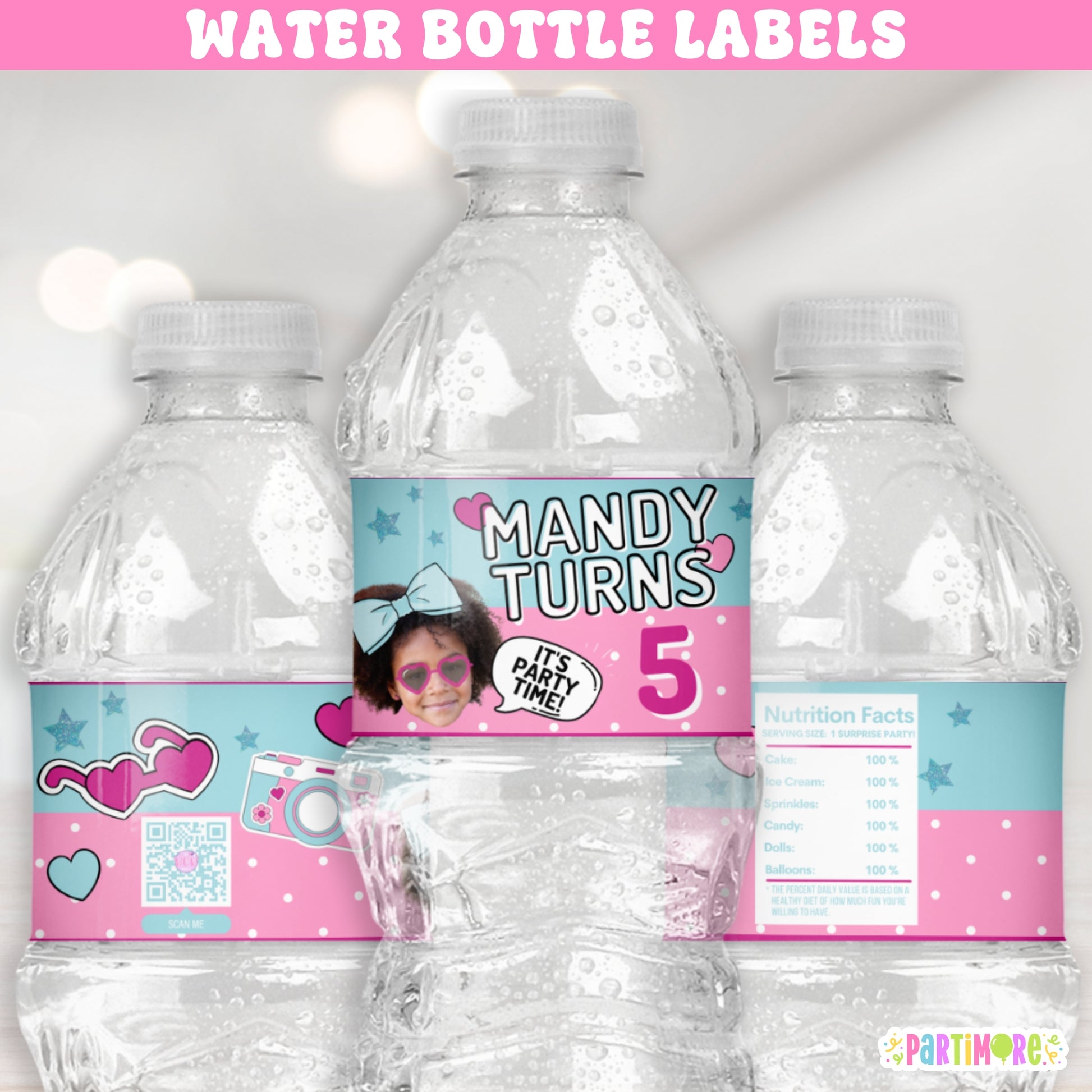 Personalized water bottle labels with glam surprise doll style, big blue hair bow and camera illustration, 'It’s Party Time' birthday design with name and age
