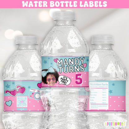Personalized water bottle labels with glam surprise doll style, big blue hair bow and camera illustration, 'It’s Party Time' birthday design with name and age