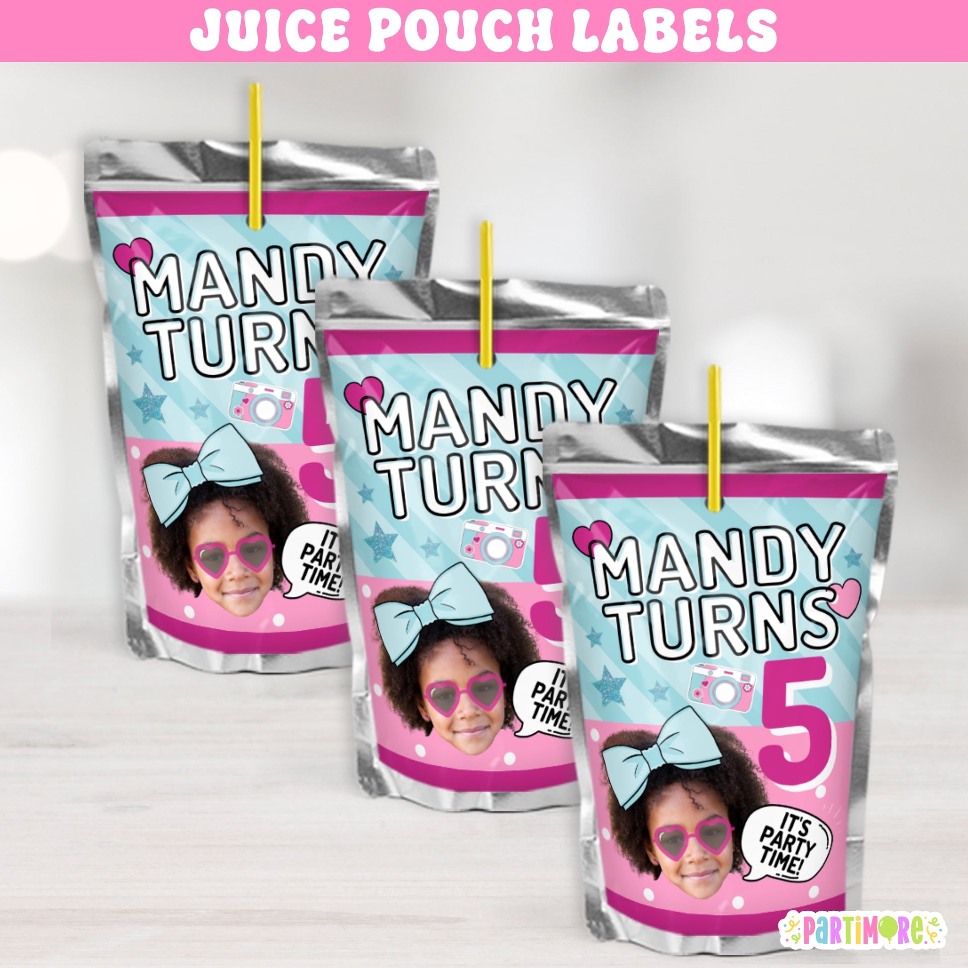 Juice pouch labels for girl's birthday with glam surprise doll theme, big blue hair bow, camera artwork, and 'It’s Party Time' text personalized with name and age
