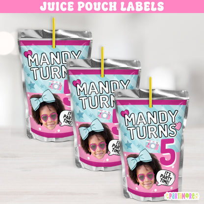 Juice pouch labels for girl's birthday with glam surprise doll theme, big blue hair bow, camera artwork, and 'It’s Party Time' text personalized with name and age