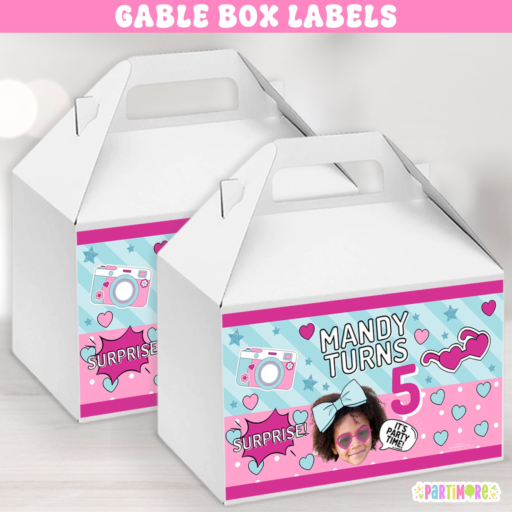Birthday gable box labels with glam surprise doll design, camera and big blue hair bow graphic, 'It’s Party Time' personalized with custom name and age