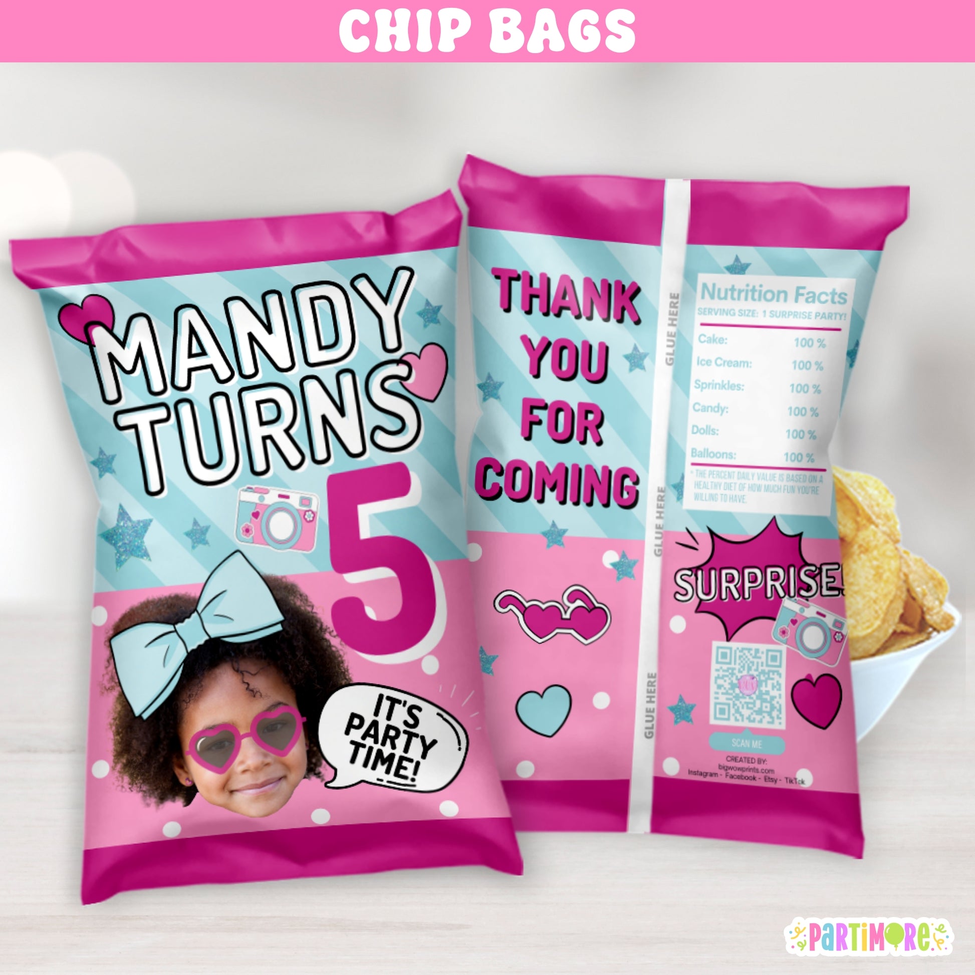 Personalized glam surprise doll-style chip bag wrappers for girl's birthday party, big blue hair bow design with camera graphic and 'It’s Party Time' text, custom name and age