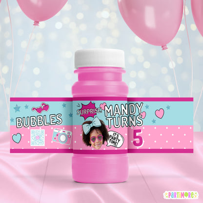 Surprise Doll Bubble Bottle Labels | Personalized Party Favor Stickers