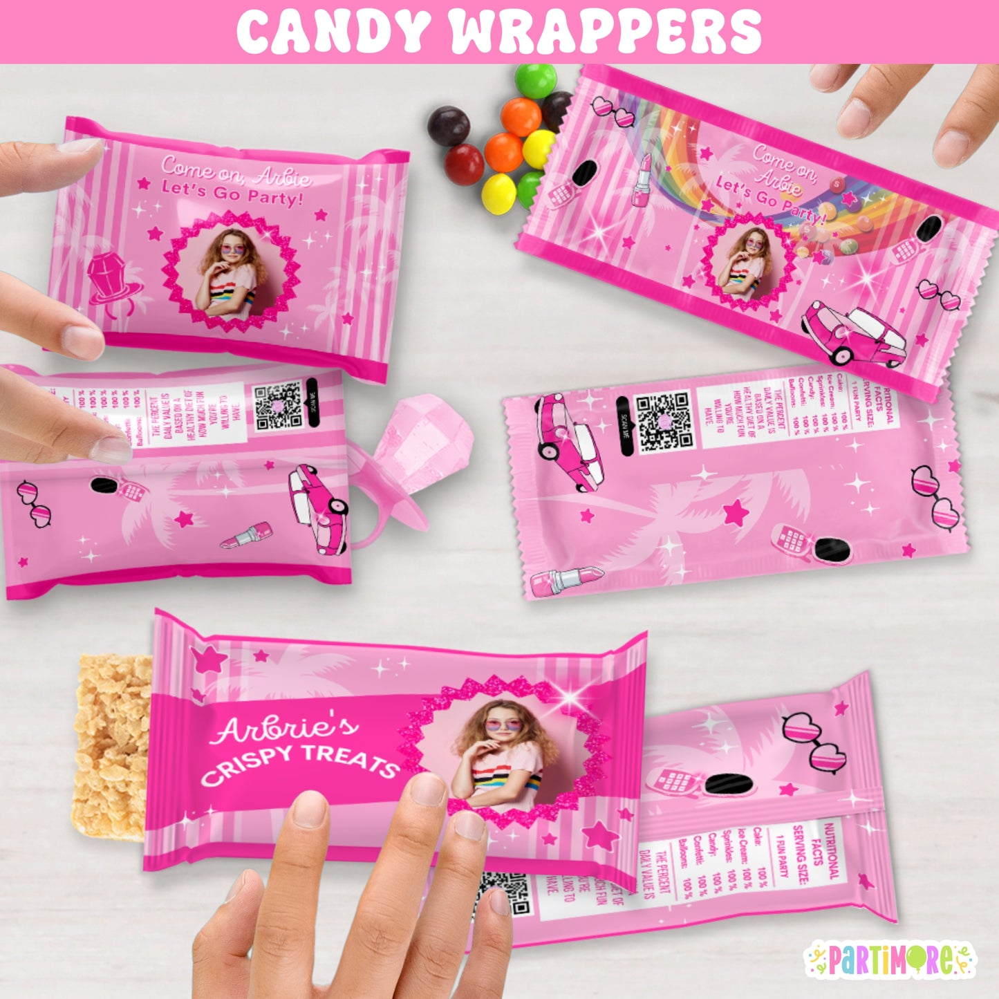 Personalized Malibu Doll Themed Candy Wrappers | Custom Hot Pink Birthday Party Favors Bags
