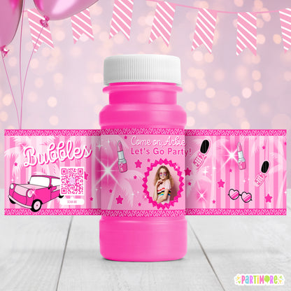 Personalized Malibu Hot Pink Doll Themed Bubble Bottle Labels | Custom Pink Birthday Party Favor Stickers