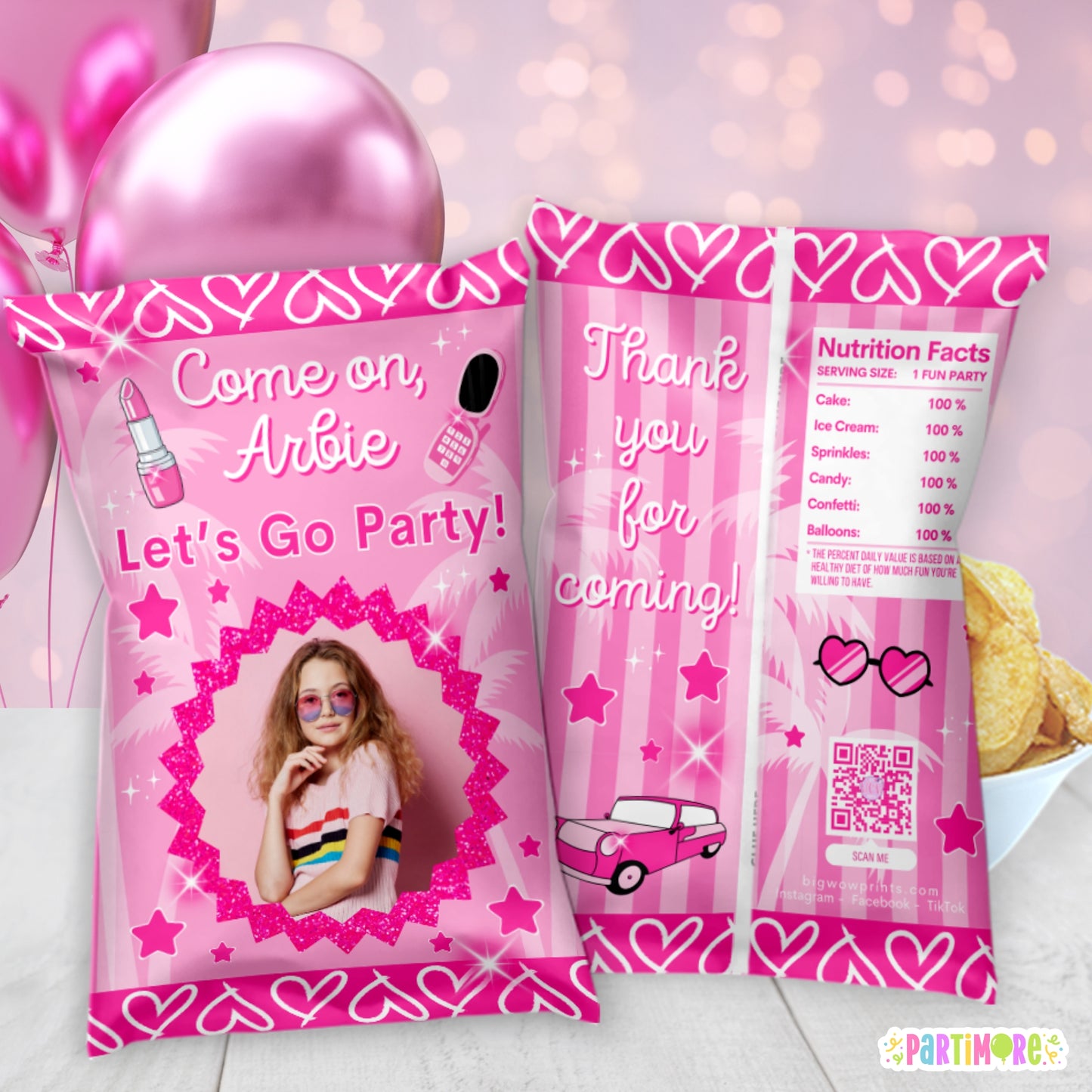 Personalized Malibu Doll Themed Chip Bag Party Favors | Custom Hot Pink Birthday Party Favor Snack Wrappers for Girls