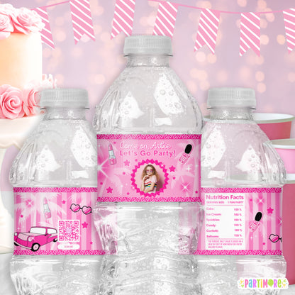 Personalized Malibu Doll Themed Water Bottle Labels | Custom Birthday Drink Wrappers For Girls | Hot Pink Party Favor