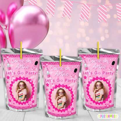 Personalized Malibu Doll Themed Juice Pouch Labels | Custom Hot Pink Birthday Party Stickers For Girls