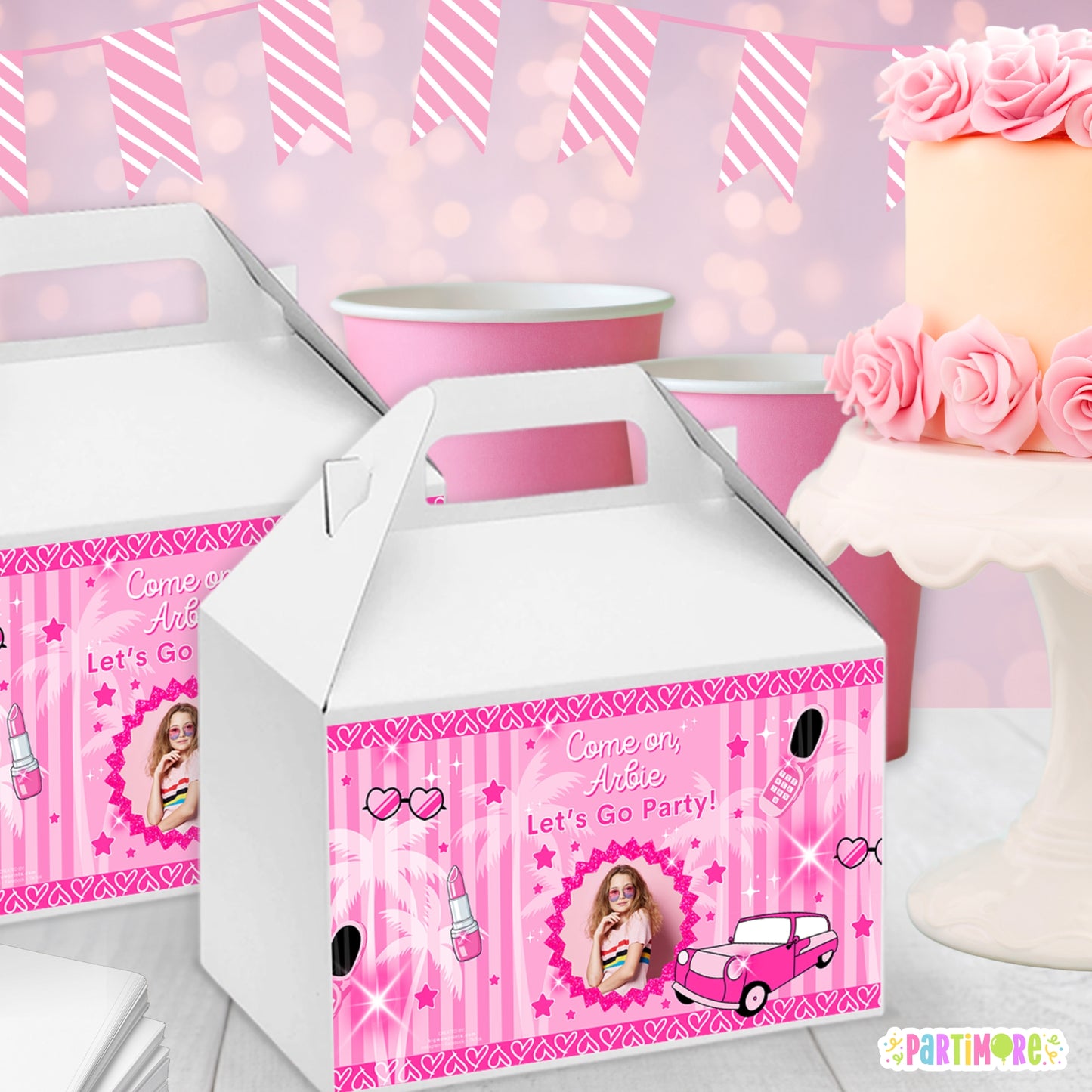 Personalized Malibu Doll Themed Gable Box Labels | Custom Hot Pink Birthday Party Favor Stickers