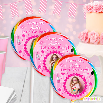 Personalized Malibu Doll Themed Lollipop Round Stickers | Custom Hot Pink Birthday Party Favor Labels