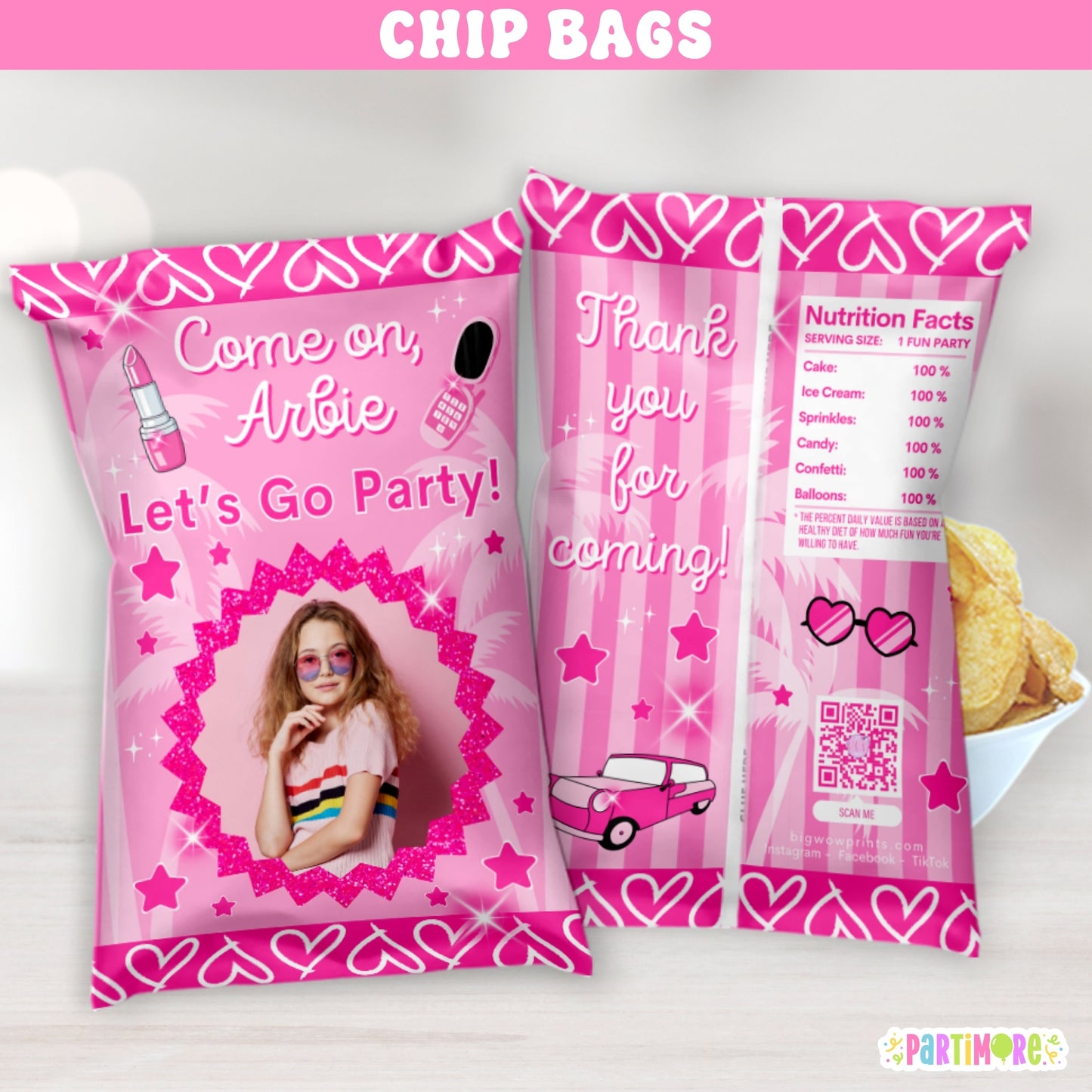Personalized Malibu Doll Themed Chip Bag Party Favors | Custom Hot Pink Birthday Party Favor Snack Wrappers for Girls
