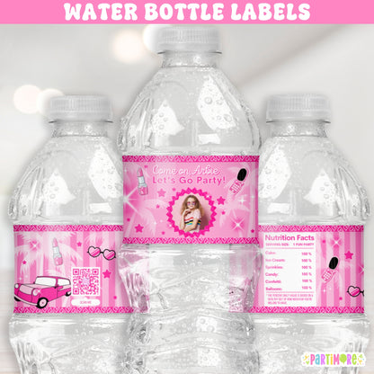 Personalized Malibu Doll Themed Water Bottle Labels | Custom Birthday Drink Wrappers For Girls | Hot Pink Party Favor