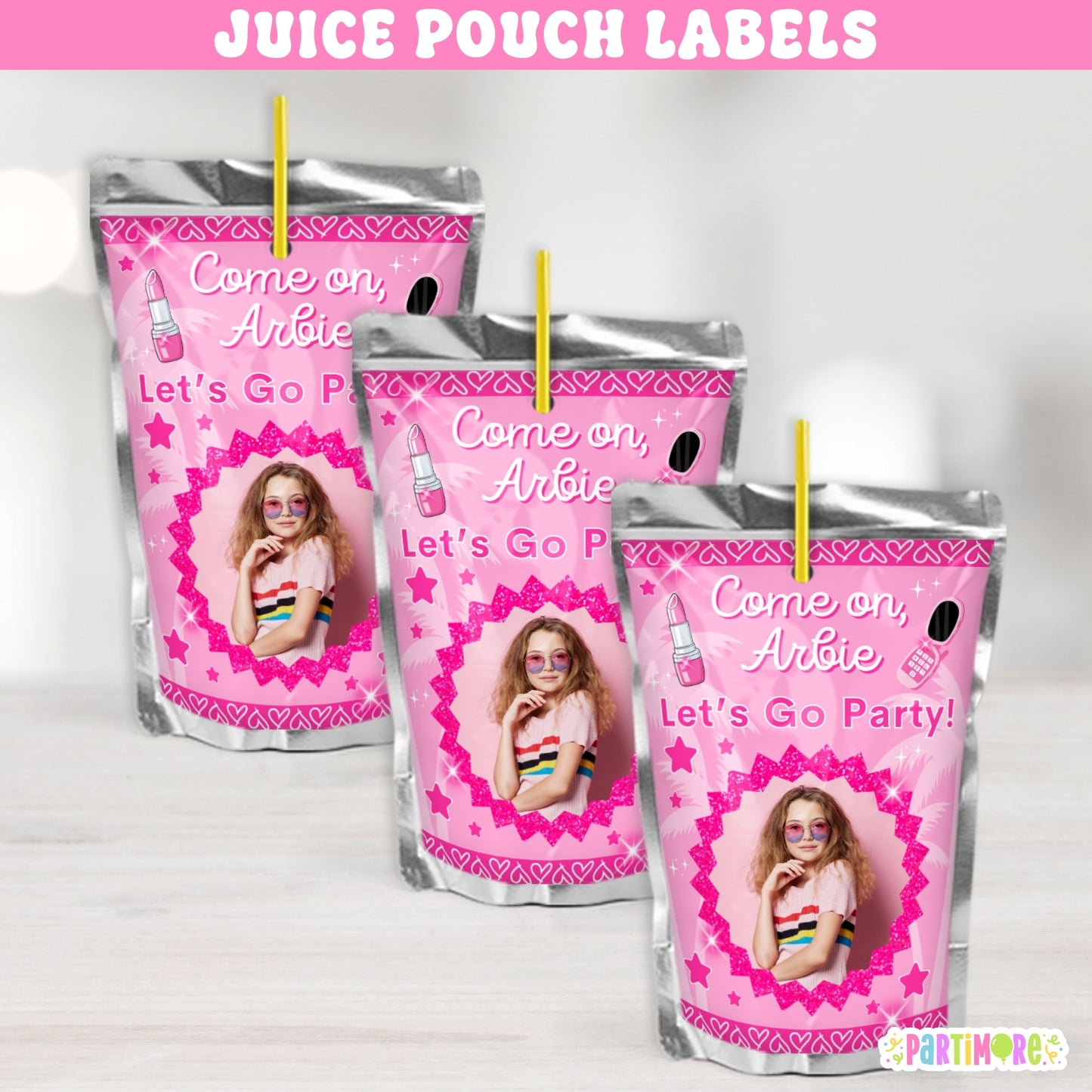 Personalized Malibu Doll Themed Juice Pouch Labels | Custom Hot Pink Birthday Party Stickers For Girls