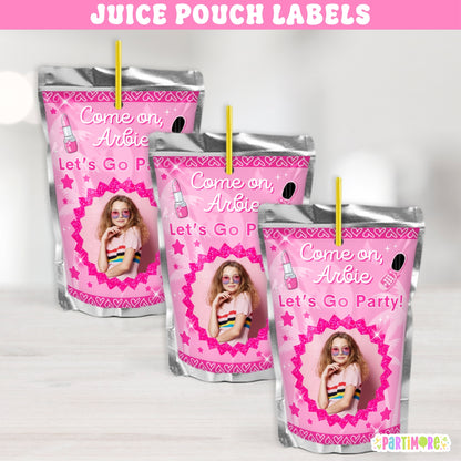 Personalized Malibu Doll Themed Juice Pouch Labels | Custom Hot Pink Birthday Party Stickers For Girls
