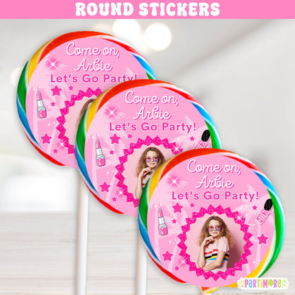 Personalized Malibu Doll Themed Lollipop Round Stickers | Custom Hot Pink Birthday Party Favor Labels