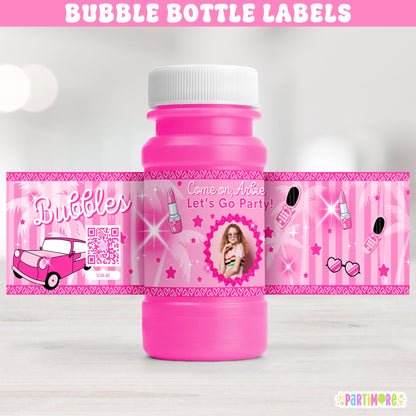 Personalized Malibu Hot Pink Doll Themed Bubble Bottle Labels | Custom Pink Birthday Party Favor Stickers