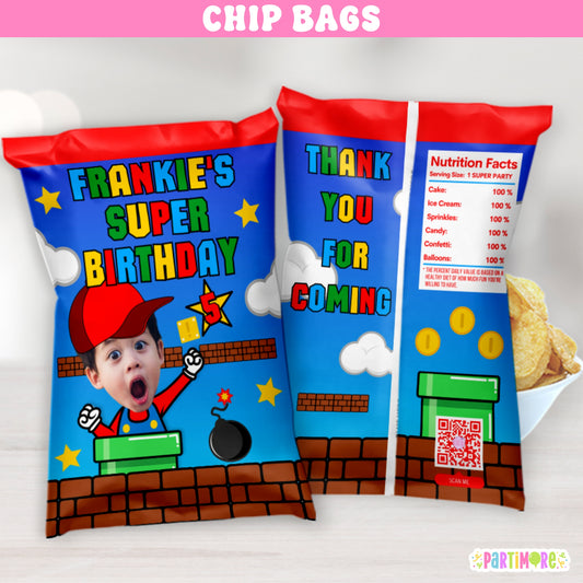 Personalized Red Hat Gamer Power-Up Party Chip Bags - Personalized Video Game Party Favors