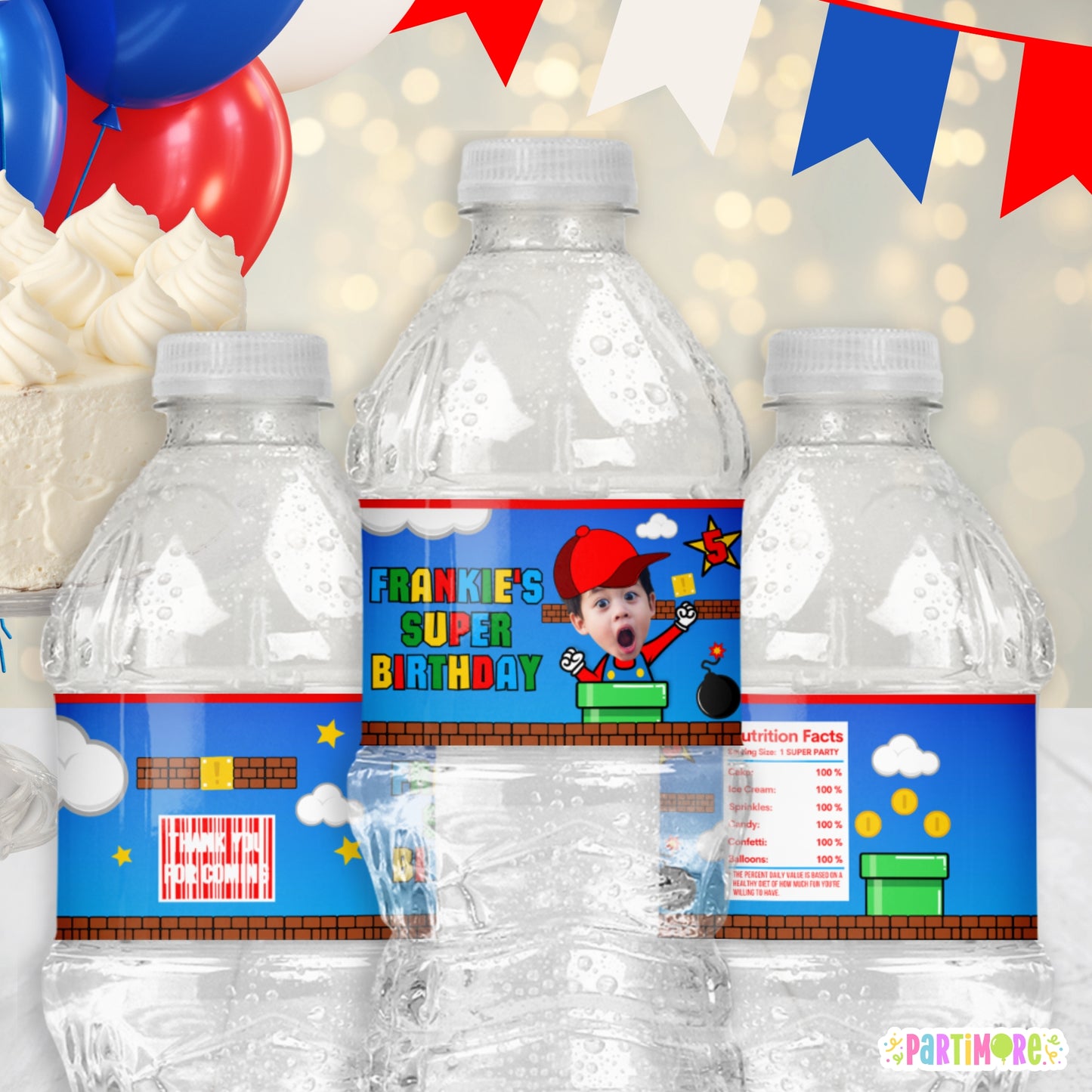 Personalized Red Hat Arcade Game Water Bottle Labels | Custom Colorful Retro Arcade Birthday Party Stickers