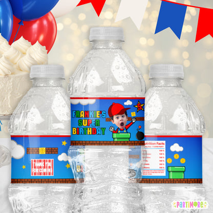 Personalized Red Hat Arcade Game Water Bottle Labels | Custom Colorful Retro Arcade Birthday Party Stickers