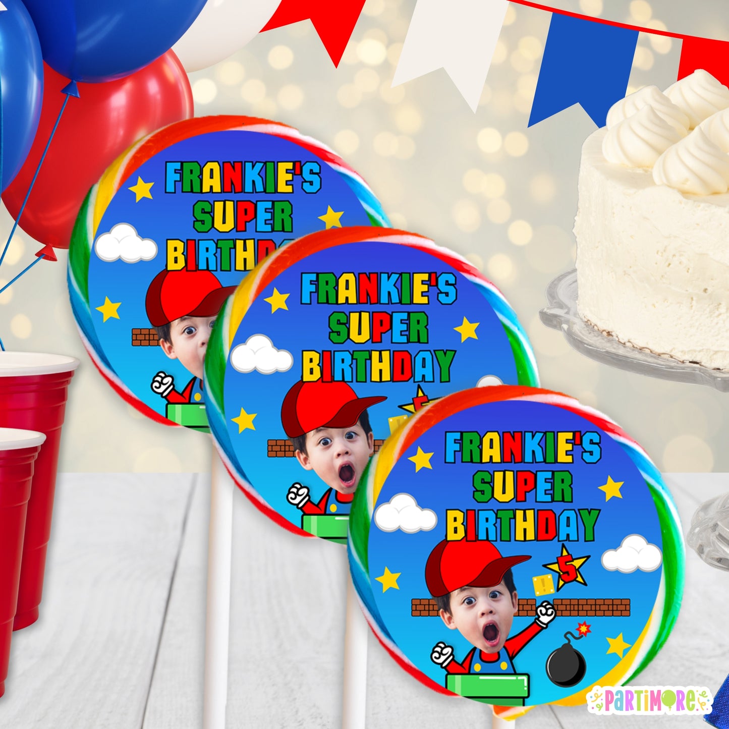 Personalized Red Hat Gamer Lollipop Round Stickers | Custom Colorful Classic Arcade Party Favor Labels
