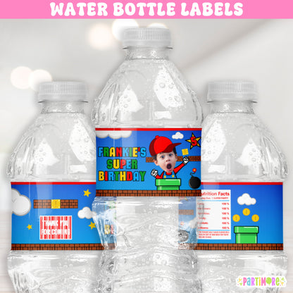 Personalized Red Hat Arcade Game Water Bottle Labels | Custom Colorful Retro Arcade Birthday Party Stickers