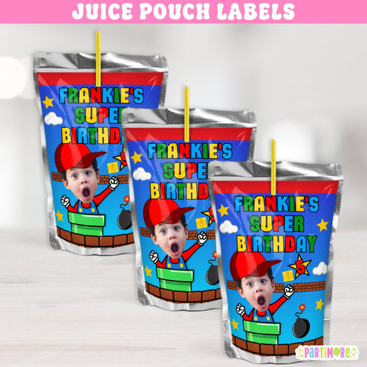 Custom Red Hat Gamer Juice Labels | Personalized Classic Arcade Video Game Stickers | Level Up Gamer Birthday Party Decorations